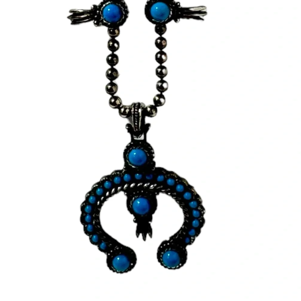 Vintage Squash Blossom Necklace Faux Turquoise Silver Tone Festival Southwest